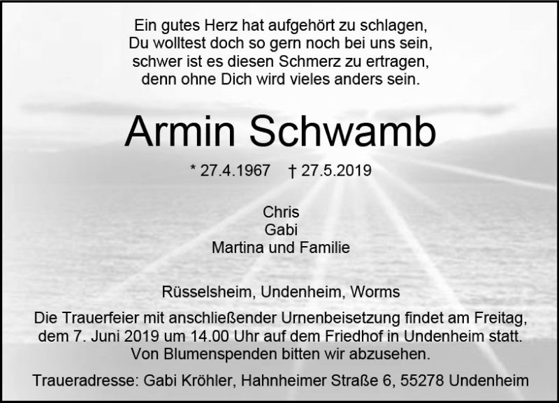  Traueranzeige für Armin Schwamb vom 01.06.2019 aus vrm-trauer