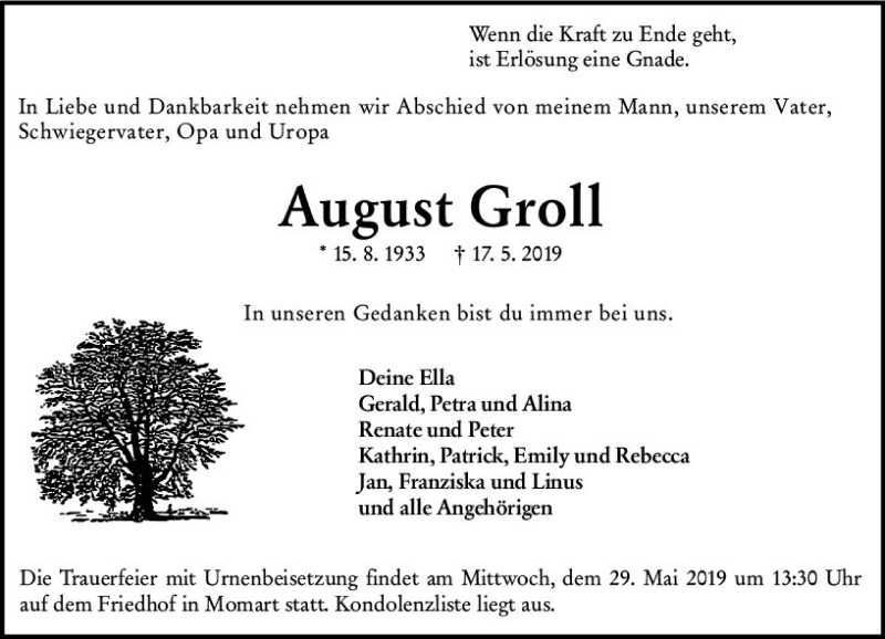  Traueranzeige für August Groll vom 25.05.2019 aus vrm-trauer