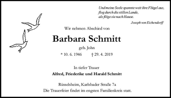 Traueranzeige von Barbara Schmitt von vrm-trauer