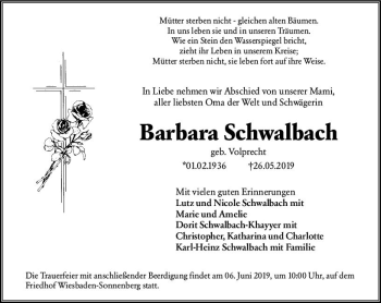 Traueranzeige von Barbara Schwalbach von vrm-trauer