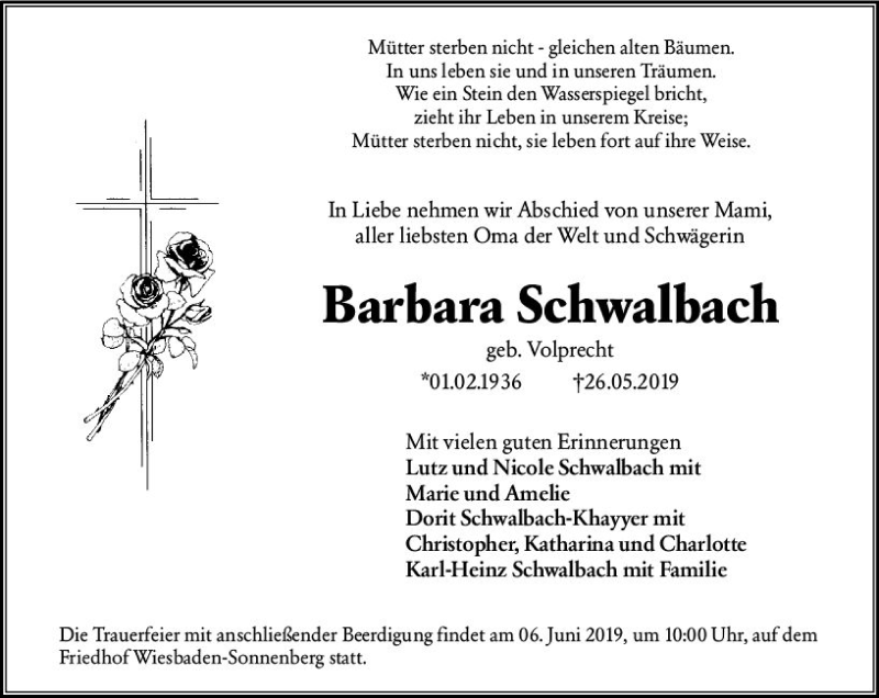  Traueranzeige für Barbara Schwalbach vom 01.06.2019 aus vrm-trauer