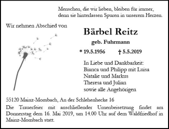 Traueranzeige von Bärbel Reitz von vrm-trauer
