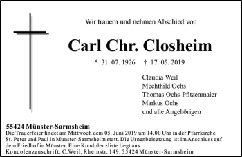 Traueranzeige von Carl Chr. Closheim von vrm-trauer