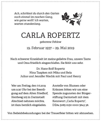 Traueranzeige von Carla Ropertz von vrm-trauer