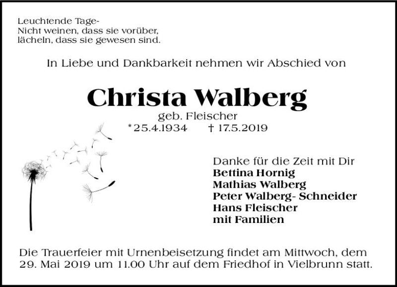  Traueranzeige für Christa Walberg vom 25.05.2019 aus vrm-trauer