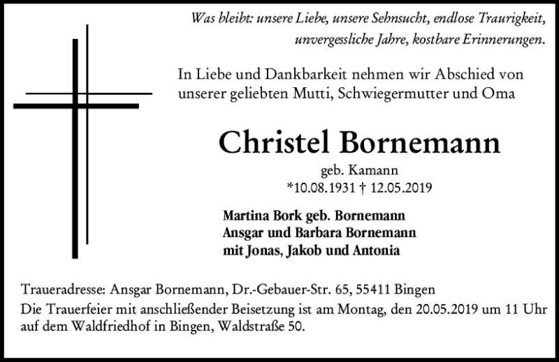  Traueranzeige für Christel Bornemann vom 18.05.2019 aus vrm-trauer