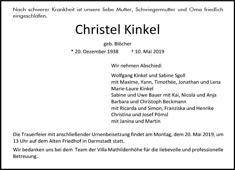  Traueranzeige für Christel Kinkel vom 18.05.2019 aus vrm-trauer