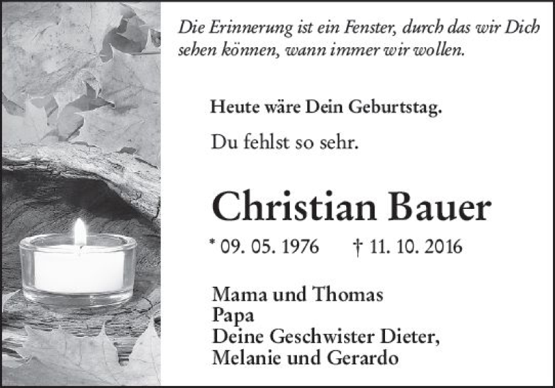  Traueranzeige für Christian Bauer vom 09.05.2019 aus vrm-trauer