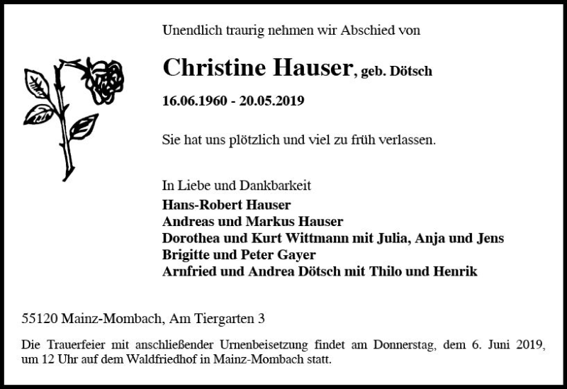  Traueranzeige für Christine Hauser vom 01.06.2019 aus vrm-trauer