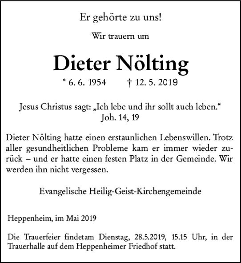  Traueranzeige für Dieter Nölting vom 25.05.2019 aus vrm-trauer