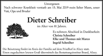 Traueranzeige von Dieter Schreiber von vrm-trauer