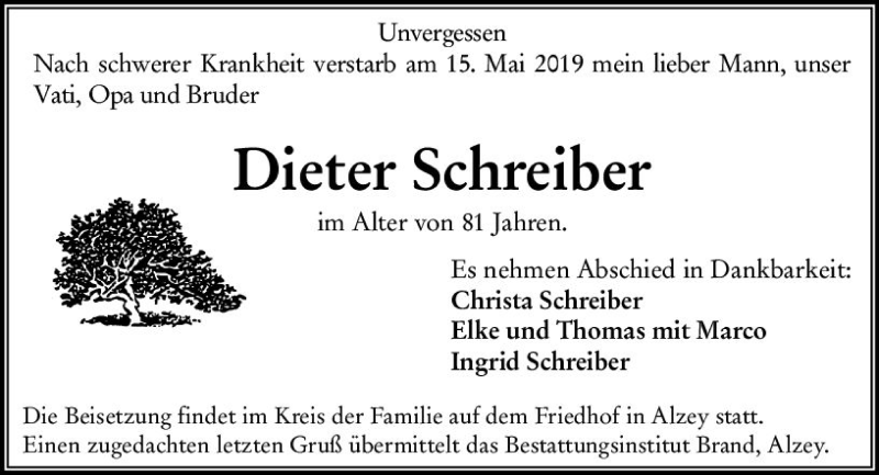  Traueranzeige für Dieter Schreiber vom 18.05.2019 aus vrm-trauer