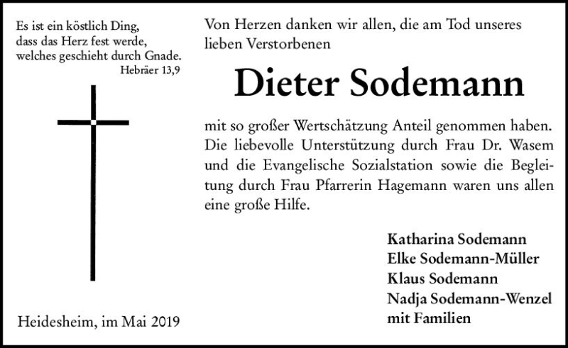  Traueranzeige für Dieter Sodemann vom 18.05.2019 aus vrm-trauer