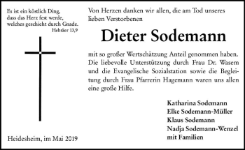Traueranzeige von Dieter Sodemann von vrm-trauer