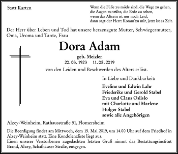 Traueranzeige von Dora Adam von vrm-trauer