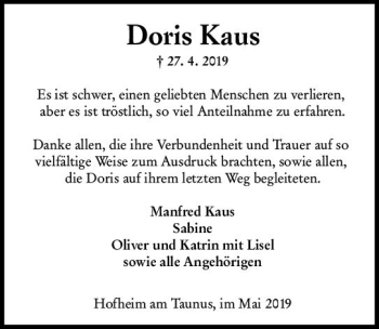 Traueranzeige von Doris Kaus von vrm-trauer