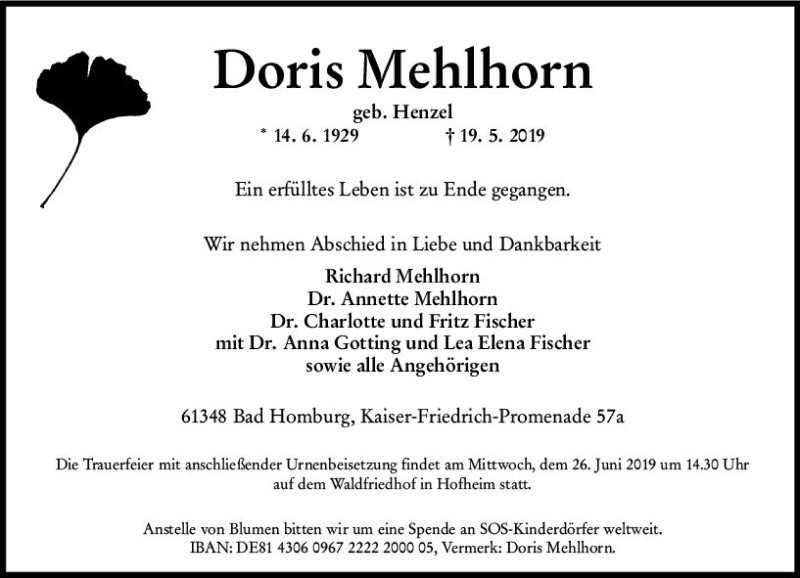  Traueranzeige für Doris Mehlhorn vom 31.05.2019 aus vrm-trauer