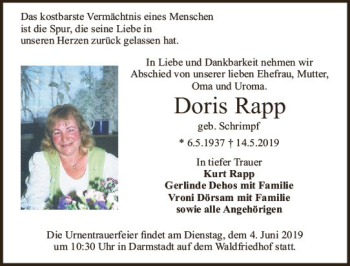 Traueranzeige von Doris Rapp von vrm-trauer