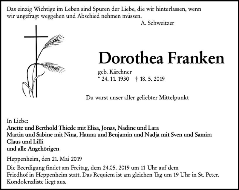  Traueranzeige für Dorothea Franken vom 21.05.2019 aus vrm-trauer
