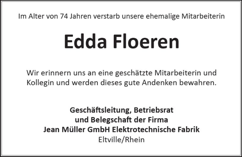  Traueranzeige für Edda Floeren vom 09.05.2019 aus vrm-trauer
