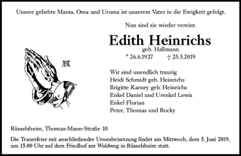 Traueranzeige von Edith Heinrichs von vrm-trauer
