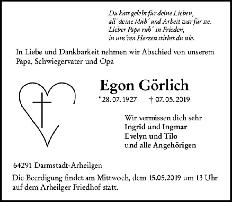  Traueranzeige für Egon Görlich vom 11.05.2019 aus vrm-trauer
