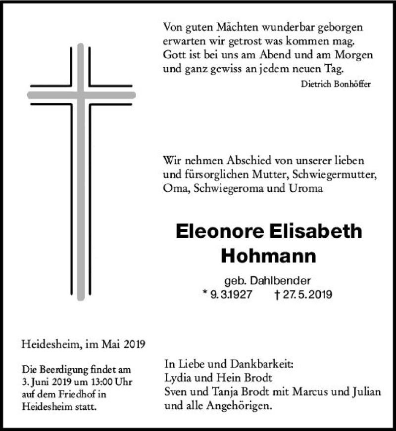  Traueranzeige für Eleonore Elisabeth Hohmann vom 01.06.2019 aus vrm-trauer