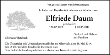 Traueranzeige von Elfriede Daum von vrm-trauer
