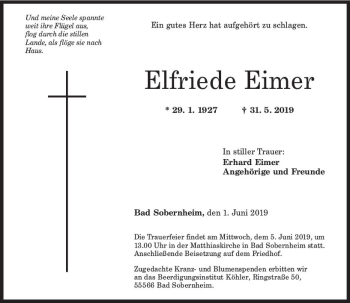 Traueranzeige von Elfriede Eimer von vrm-trauer