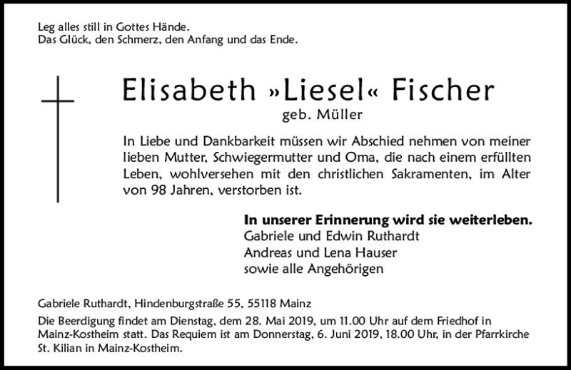 Traueranzeige für Elisabeth Fischer vom 22.05.2019 aus vrm-trauer
