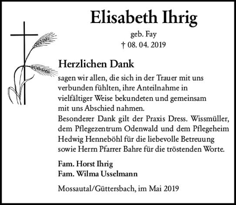  Traueranzeige für Elisabeth Ihrig vom 25.05.2019 aus vrm-trauer