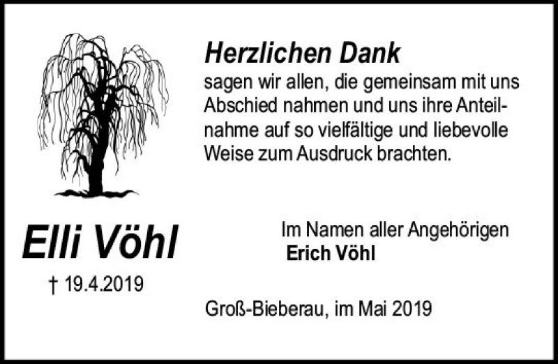  Traueranzeige für Elli Vöhl vom 18.05.2019 aus vrm-trauer