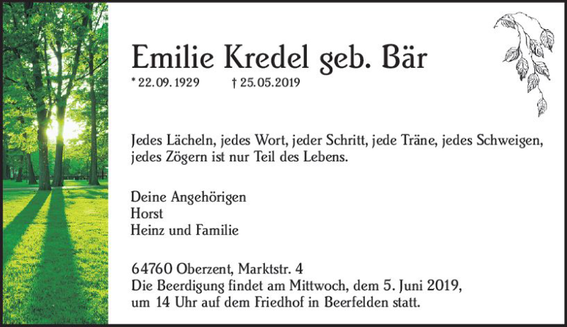  Traueranzeige für Emilie Kredel vom 01.06.2019 aus vrm-trauer