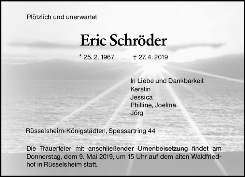  Traueranzeige für Eric Schröder vom 04.05.2019 aus vrm-trauer