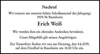 Traueranzeige von Erich Weiß von vrm-trauer