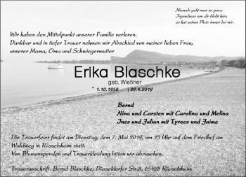Traueranzeige von Erika Blaschke von vrm-trauer