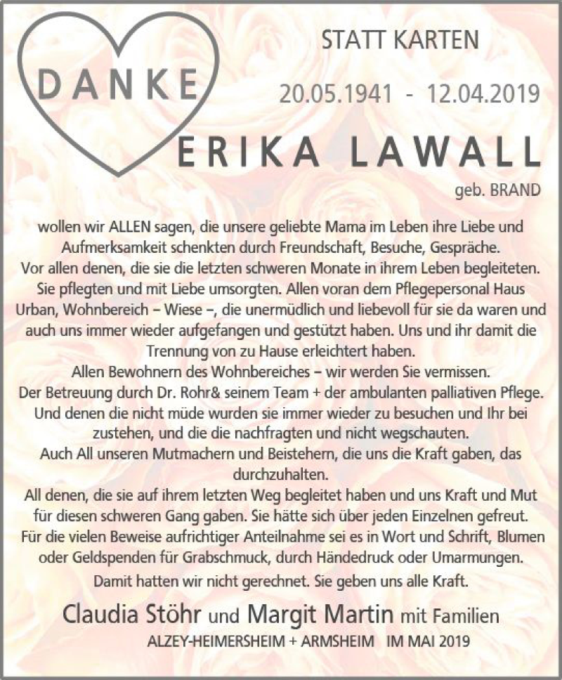  Traueranzeige für Erika Lawall vom 20.05.2019 aus vrm-trauer