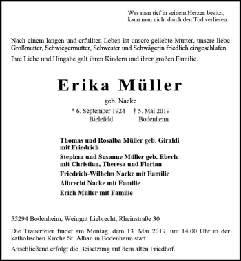 Traueranzeige von Erika Müller von vrm-trauer
