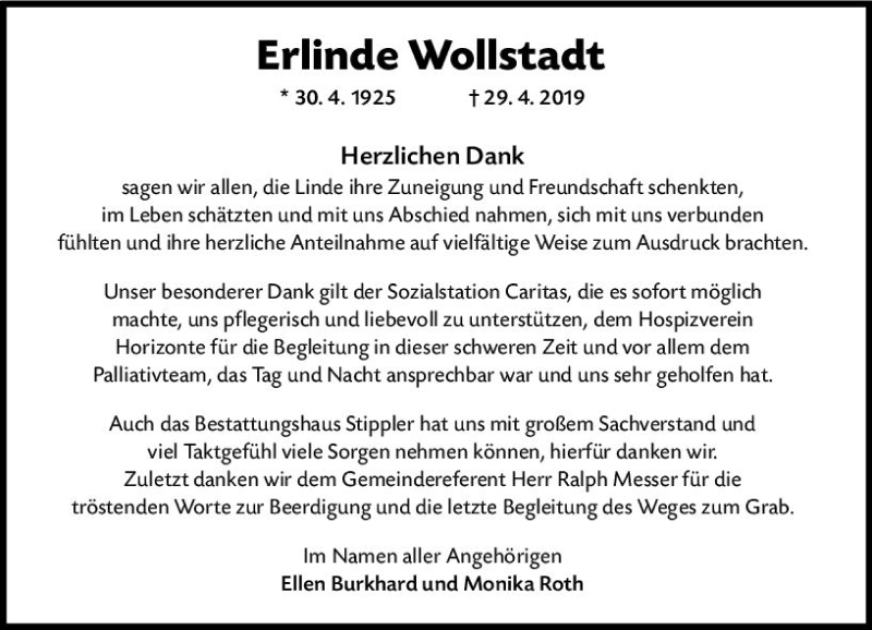  Traueranzeige für Erlinde Wollstadt vom 24.05.2019 aus vrm-trauer