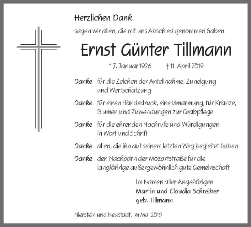  Traueranzeige für Ernst Günter Tillmann vom 11.05.2019 aus vrm-trauer