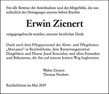 Traueranzeige von Erwin Zienert von vrm-trauer