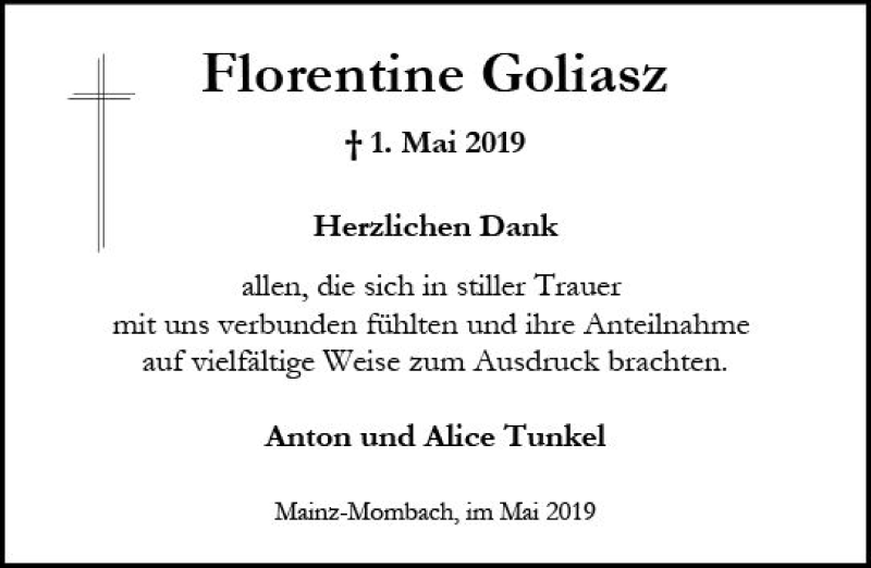  Traueranzeige für Florentine Goliasz vom 25.05.2019 aus vrm-trauer