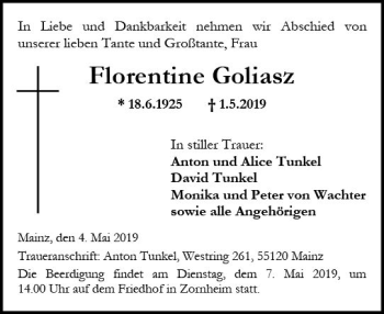 Traueranzeige von Florentine Goliasz von vrm-trauer