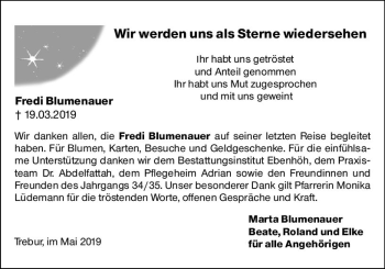 Traueranzeige von Fredi Blumenauer von vrm-trauer
