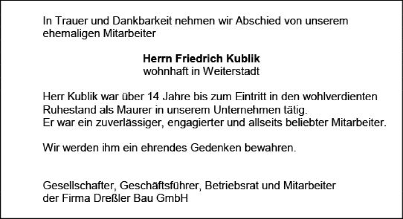  Traueranzeige für Friedrich Kublik vom 25.05.2019 aus vrm-trauer