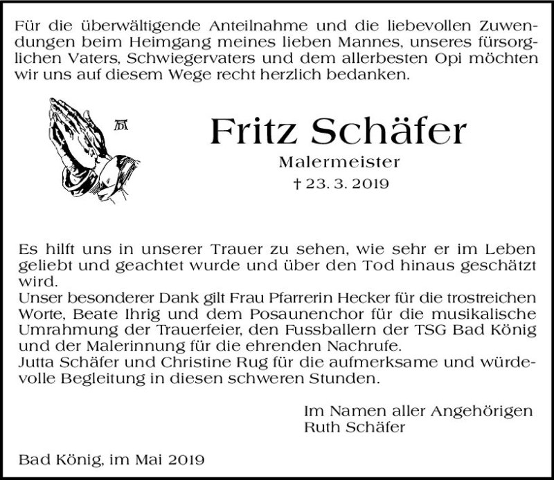  Traueranzeige für Fritz Schäfer vom 11.05.2019 aus vrm-trauer