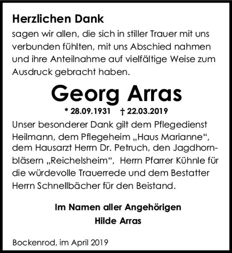  Traueranzeige für Georg Arras vom 04.05.2019 aus vrm-trauer