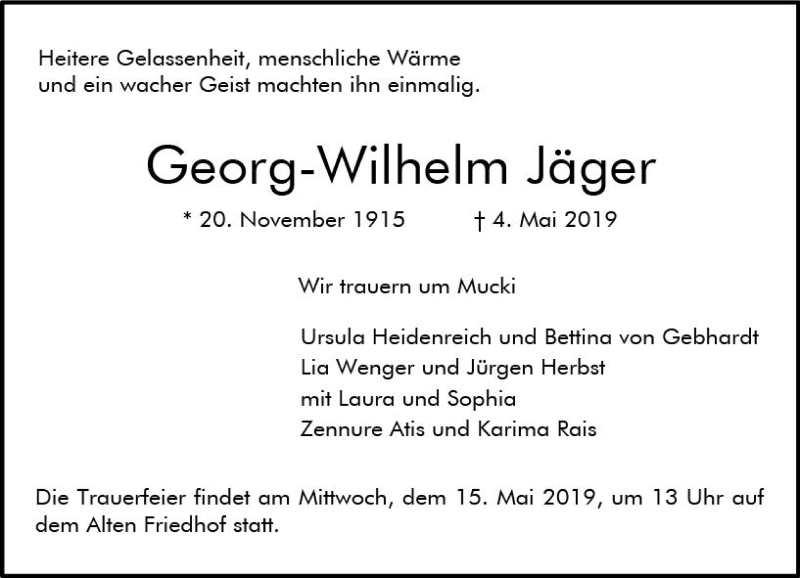  Traueranzeige für Georg-Wilhelm Jäger vom 11.05.2019 aus vrm-trauer