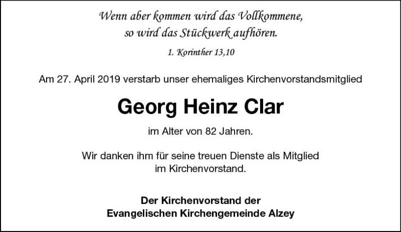  Traueranzeige für Georg Heinz Clar vom 07.05.2019 aus vrm-trauer