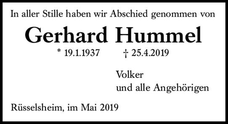  Traueranzeige für Gerhard Hummel vom 11.05.2019 aus vrm-trauer